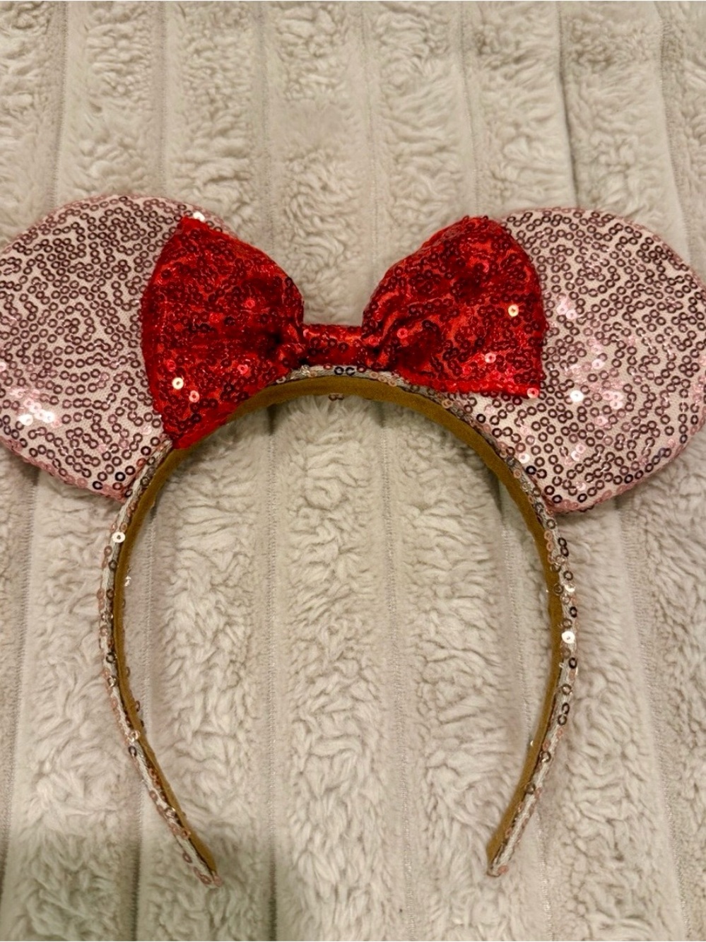 Sequin Ear Headband with Red Bow and Light Pink Ears